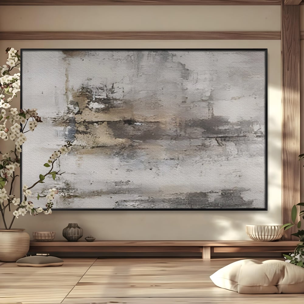 Tablou canvas cu pictura abstracta cu texturi gri si bronz, in rama de aluminiu negru